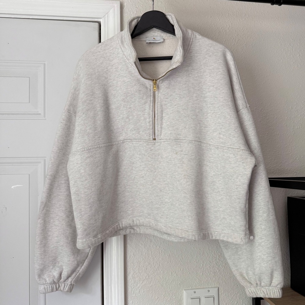 GIL RODRIGUEZ heather grey cotton half zip boxy oversized cropped fleece sweater